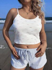 大码女式条纹系腰宽松休闲百搭短裤 - 藍色 - 查看 3