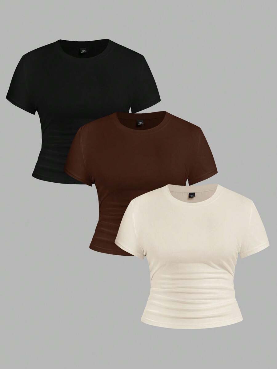 SHEIN EZwear 3 件套加大码纯色黑色、深棕色、杏色修身 T 恤，休闲