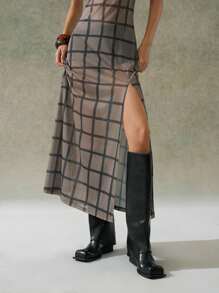 LYSMO 2025 Nouvelle arrivée Minimalisme Automne Femmes Créateur Robe longue fendue à carreaux sans bretelles Retour à l'école, Bal de promo, Style années 2000, Vêtements Femmes Y2K, Vêtements de rue femme et vêtements uniques - Multicolore - Voir 4