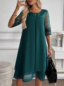 Miaspire 女士优雅通勤刺绣网眼拼布中长连衣裙