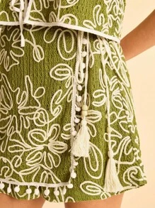 CAJUNI Conjunto de 2 piezas de mujer con cárdigan transparente con textura y estampado floral sin mangas con lazo y pantalones con cordón con flecos, conjunto de verano de 2 piezas para resort - Multicolor - Ver 6