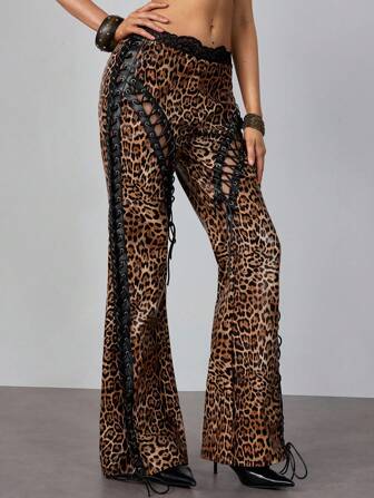 Hippie Pantaloni a zampa di leopardo retrò in stile hippy e sexy, in PU, con taglio e lacci, adatti a festival musicali delle donne