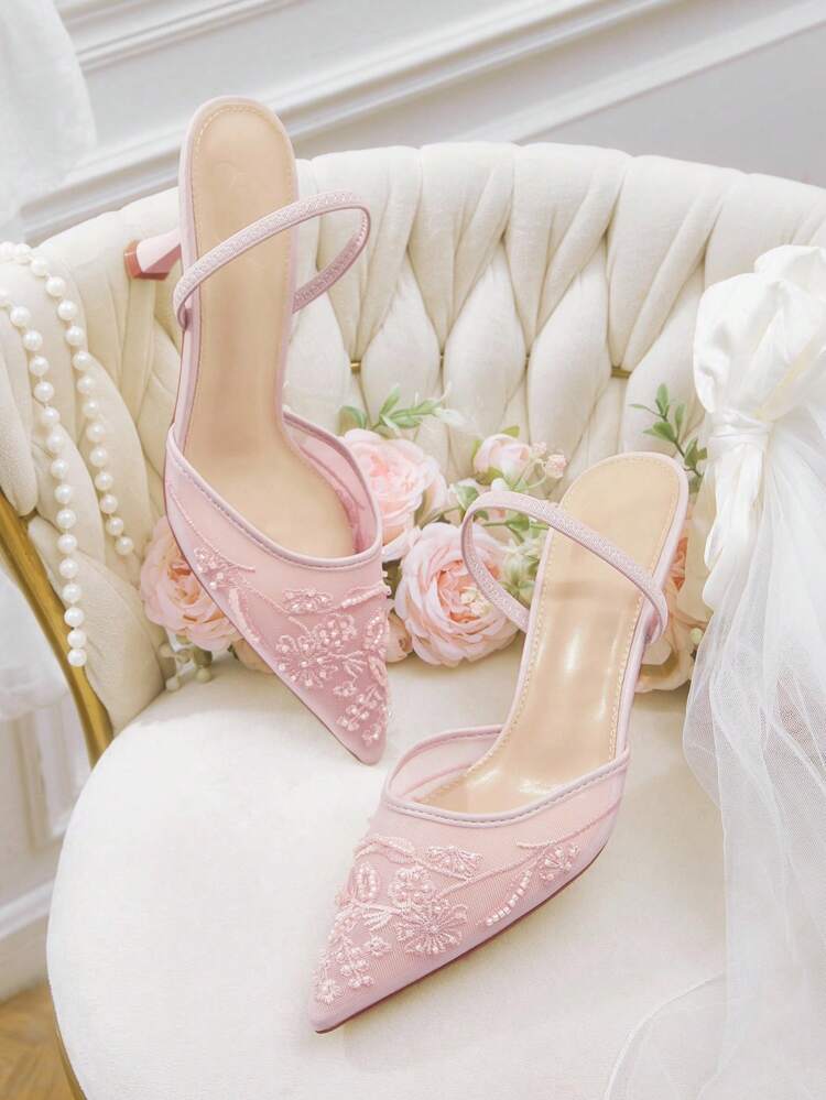 CUCCOO HITCHD Women's New Embroidered Lace Pointed Toe Elegant Champagne Mesh High Heels, Bridal Shoes For Romantic Date, Wedding, Banquet For Christmas Elegant Shoes Wedding Shoes Summer Shoes Bride Shoes