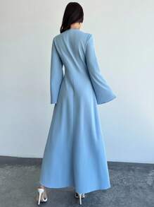 Firerie 女士新款优雅通勤休闲日常旅行假日蓝色长款喇叭袖前开扣 A 字长裙，复古腰部 A 字浪漫连衣裙，适合日常通勤、优雅、波西米亚风、工作装 - 藍色 - 查看 4