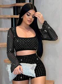 SHEIN SXY 2pc Women's High Waist Rhinestone Design Skinny Shorts,New Years Women Dress,Sequin Shorts,Party Women Dresses,Christmas Party Women Dress,New Year Eve Dress,New Years Outfit,Two Piece Set,Party Sets For Women,Club Outfit,Club Outfits Women Sexy,Rave Outfits,Mesh