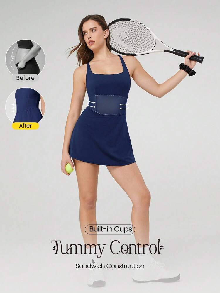 Sukienka z kwadratowym dekoltem i wbudowanymi spodenkami FeatherFit™-Air odprowadzająca pot, szybkoschnąca, kieszenie boczne, uchwyty antypoślizgowe, tenis, golf, siłownia, codzienna, codzienna