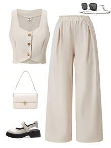 2 件套青少年女孩无袖开衫背心 + 高腰阔腿裤套装，休闲通勤装夏季