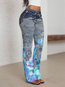 Jeanoix 大码时尚休闲全印花喇叭牛仔裤 - 彩色 - 查看 4