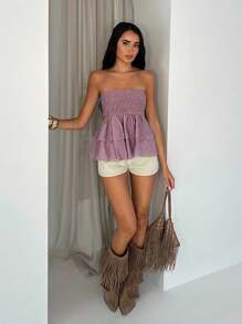 Glamine Textured Wrinkled Fabric Elastic Bandeau Top With Ruffle Hem Ruffle Top Shirred Top Women Ibiza Party Graduation Babydoll Top For Women Women's Vacation Top Daily Simple Top Western Top - Red Violet - View 7