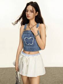 Rina Fox 女式夏季休闲毛边可调节肩带短款牛仔吊带上衣 - 藍色 - 查看 7