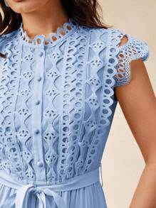 Anewsta 纯色优雅蕾丝拼接无袖女式长裙，夏季，沙滩，度假，休闲 - 藍色 - 查看 3