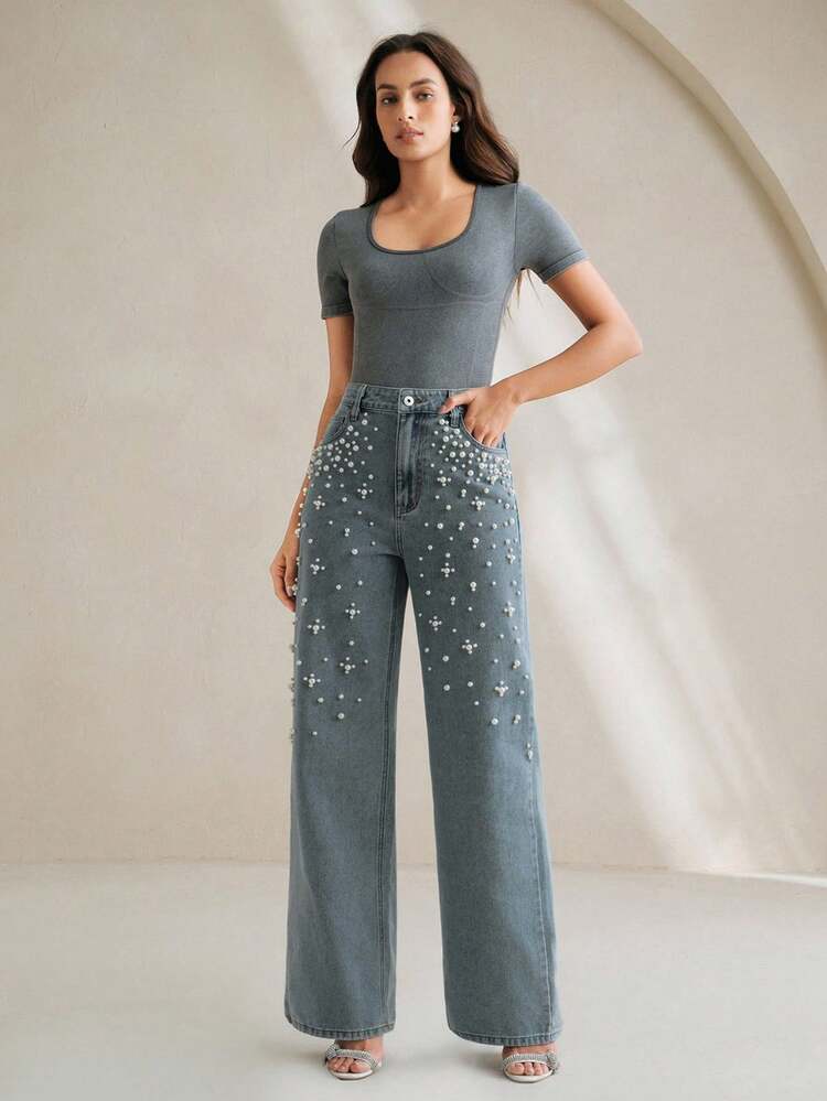 Jeans Elegantes Femininos de Perna Reta com Contas, Perna Larga Solta, Moda, Outono/Inverno