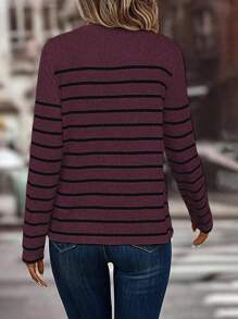 SHEIN LUNE Women's Casual Striped Print Half-Button Front Long Sleeve T-Shirt, Spring/Autumn Fall Cloth For Women - Red Violet - View 2