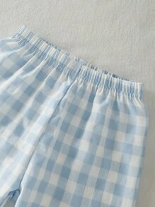 Genkimix Kids 2 件套婴幼儿男童蓝白格子图案木质纽扣领开衫和裤子，舒适睡衣套装