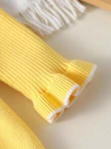 SHEIN Elladie kids Baby Girl Long Sleeve Peter Pan Collar Sweater Dress,Pastel Yellow,Autumn,Cute,Family Matching Contrast Color Ruffle Trim Knit Clothes Spring Winter - Yellow - View 5