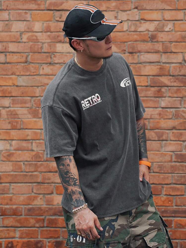 Summer Men's Letter Print Dark Grey Street Casual T-Shirt