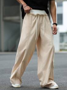 Manfinity Roghcode Men's Apricot Relaxed Elastic Waist Loose Wide Leg Pants Men Baggy Wide Pants Men Loose Straight Leg Casual Pants - Apricot - View 5