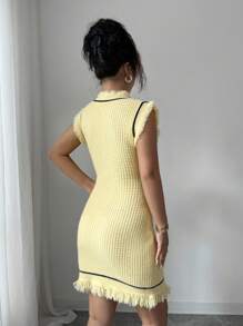 Rafferiza Robe pull en tricot avec boutons devant, détails à franges pour femmes. Vêtements pull en tricot pour l'université - Jaune citron - Voir 2