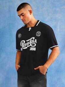 PEPSI X SHEIN 男士字母图案休闲短袖T恤，夏季 - 黑色 - 查看 4