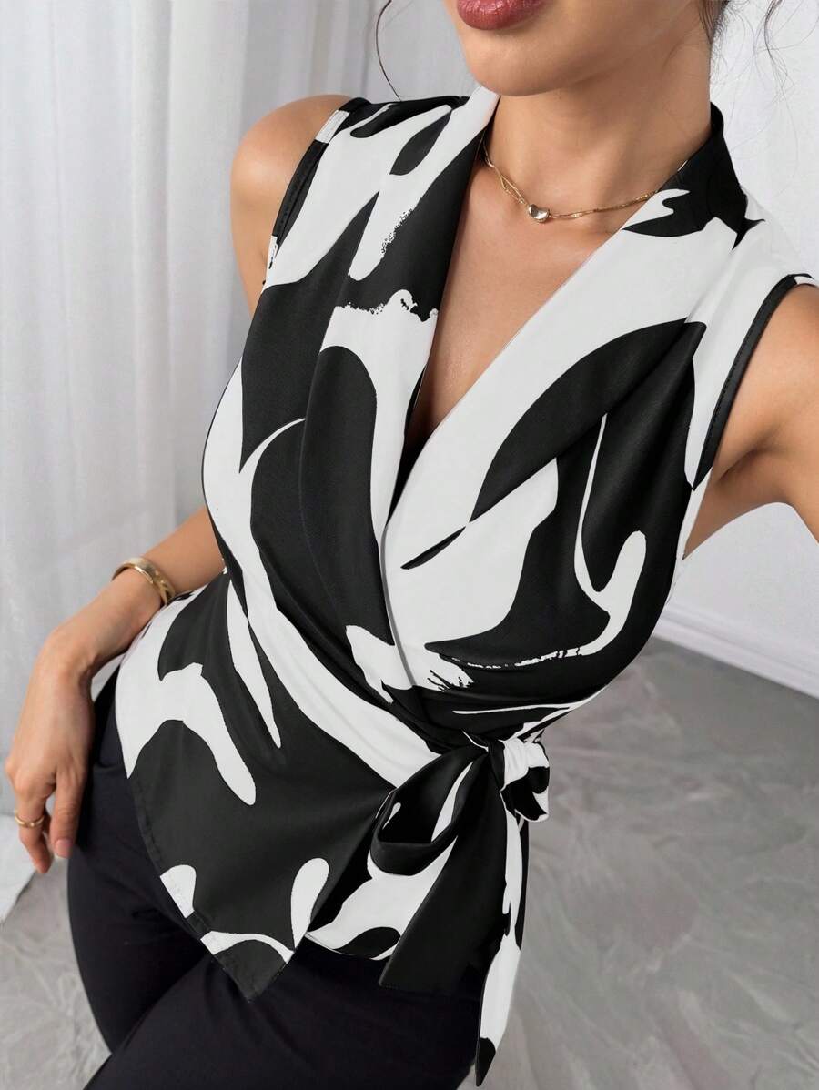 Elenzga 女式夏季满版印花泡泡袖系带吊带衬衫 - 彩色 - 查看 1