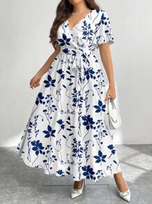 Firerie Casual Retro Blue & White Floral Print Loose Plus Size Dress, Suitable For Spring & Summer Flowy Dress Boho Suitable For Going Out Chic Dress - Blue and White - View 2