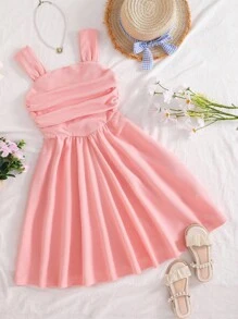 青少年女孩无袖修身中长连衣裙，百搭伴娘/婚纱，粉色纹理面料，夏季/秋季 - 粉色 - 查看 4