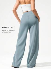 GLOWMODE 莫代尔丝绸触感阔腿高腰休闲裤，带侧袋，日常休闲秋季 - 0.霧綠 - 查看 2