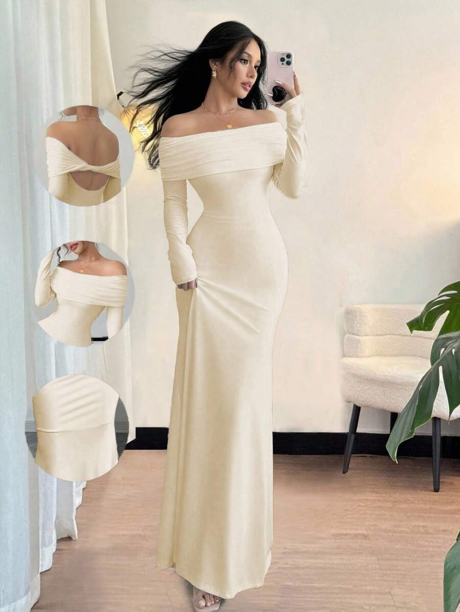Rafferiza 性感优雅修身长袖束腰双层露肩露背扭纹鱼尾下摆罗纹针织连衣裙，白色，秋冬长款女装 - 卡其色 - 查看 1