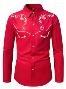 Manfinity RSRT Men's Western Style Floral Print Long Sleeve Single-Breasted Shirt Men Cowboy Shirts Cowboy Shirt Western Shirt Rodeo Shirt Men Western Shirts - Red - View 3