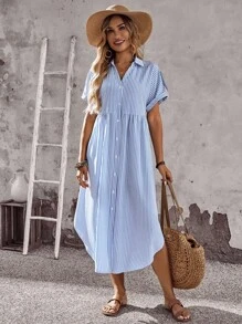 EMERY ROSE 女式条纹短袖纽扣休闲衬衫裙，夏季 - 彩色 - 查看 3