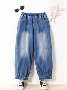 Tween Girls Versatile Casual Soft Comfortable Vacation Stylish Street Fashion Washed Non-Stretch Thin Denim Pants For Spring & Autumn - Medium Wash - View 4