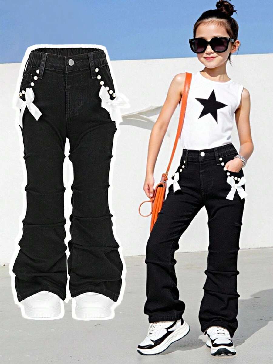 SHEIN Young Girls' Fashionable Black Washed Denim Jeans, Ruched Flare Leg Skinny Fit, Stretchy & Comfortable Fabric, Decorated With White Bow & Pearl, Stylish For Cool Girls Fall Winter - Black - View 1
