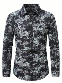 Manfinity Homme 男士花卉和热带植物印花单排扣休闲长袖衬衫，秋季 - 彩色 - 查看 5