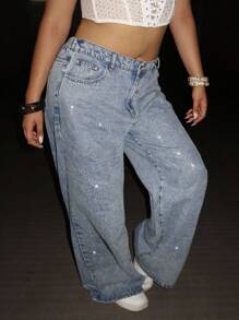 Dripcurv 大码女式宽松阔腿休闲牛仔裤，女式休闲洗水做旧钻石紧身牛仔裤，女式夏季复古休闲返校蓝色牛仔香蕉裤闪亮热钻，商务休闲女装，女式外出牛仔裤，锐舞，女式机场装，街头牛仔裤，复古风女装，飘逸裤，Y2k 女装，俱乐部，女式派对，生日，女牛仔，秋季女装