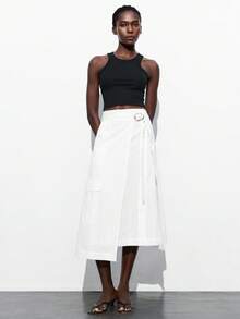 Maija 2025秋冬白色二合一裙子，单排手工缝制纽扣，绗缝腰部装饰，金属可调节皮带扣，现代优雅休闲通勤办公室适合婚礼宾客，海滩度假，音乐会，派对 - 白色 - 查看 3