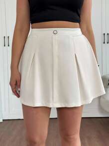 Vionelle 大码女式高腰纯色百褶短款休闲裙 - 米色 - 查看 4