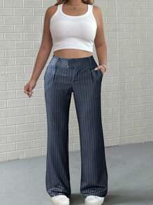 Calvaya Plus Size Women Casual Versatile Striped High Waist Loose Drape Wide Leg Pants