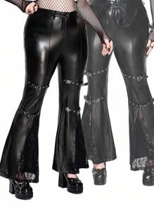 Whyspr 大码女式蕾丝拼布开叉高腰紧身喇叭裤配腰带，黑色 - 黑色 - 查看 1