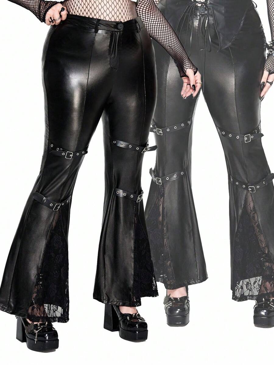 Whyspr 大码女式蕾丝拼布开叉高腰紧身喇叭裤配腰带，黑色 - 黑色 - 查看 1