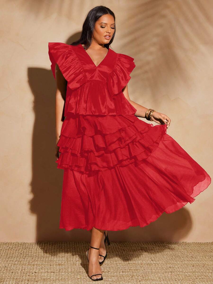 Vixey Plus Size Solid Chiffon Layered Ruffle Skirt,Boho, Festival - Red - View 1