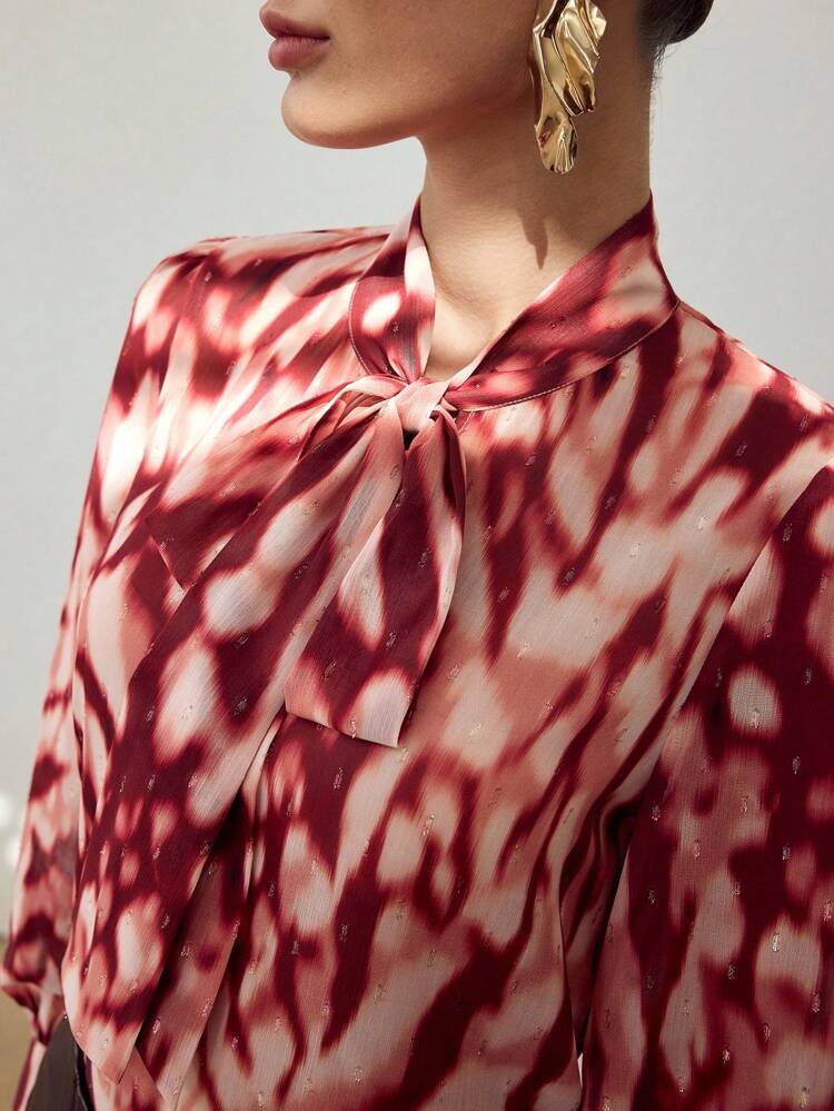 ALL OVER PRINT TIE NECK BLOUSE