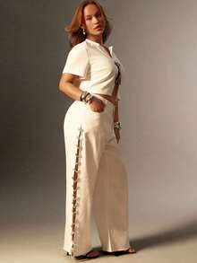 Denimoi Rhinestone Chain Split Sit Mid Rise Wide Leg Denim Jeans - White - View 4