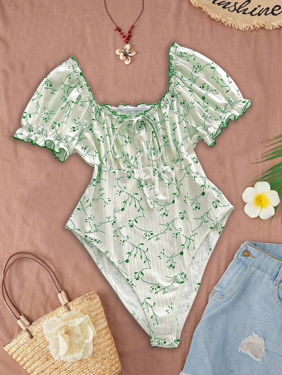 Flirla 加大码甜心领罗纹前系带短袖紧身衣，度假装 - 綠色 - 查看 1