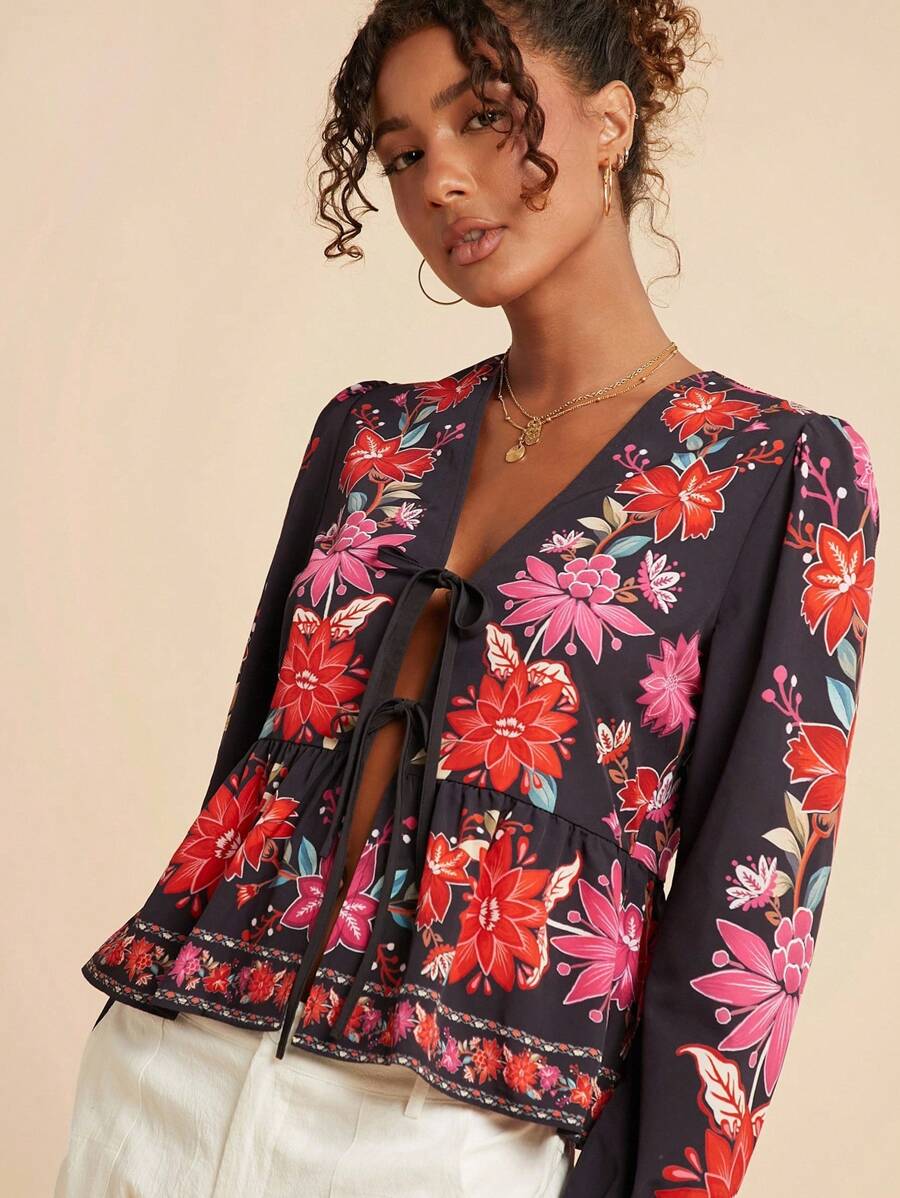 Travachic Women's Vacation Casual Floral Print Tie-Front Shirt, Summer Jackets For Women, Flower Blouses For Women, Floral Blouse,Vacation Style,Vacay Outfits Women,Beach Vacation Outfits,Summer Outfits For Women,Summer Tops,Autumn,Summer Outfits For Women,Beachwear,Spring And Summer,Easter,Holiday Outfits,Winter Clothes,Autumn Clothes,Fall Clothes