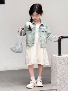 SHEIN Young Girl Long-Sleeved Single Breasted Denim Jacket,Fall Wear Casual And Comfortable To Wear,Winter Jacket - Light Wash - View 3