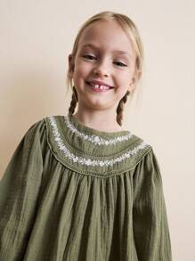 SHEIN 年轻女孩刺绣领弧形休闲长袖连衣裙 - 彩色 - 查看 5