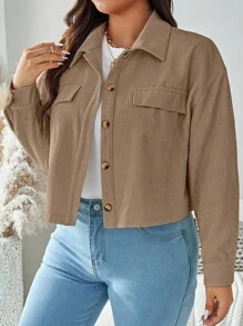 SHEIN LUNE 大码秋装女纯色简约休闲长袖夹克秋季夹克和秋季女装冬装 - 摩卡棕 - 查看 6