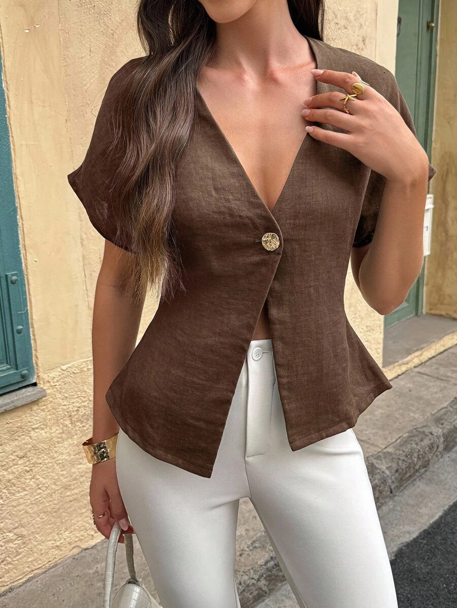 Weeklong 女式纯色单排扣V领优雅短袖衬衫，夏季 - 棕色 - 查看 1