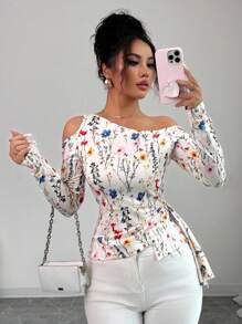 Selianne 全新花卉印花斜领长袖不对称下摆腰部设计度假休闲优雅女士 T 恤 - 彩色 - 查看 1