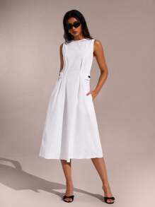 SHEIN Forever 21 女式夏季休闲纯色无袖侧口袋褶皱长款连衣裙 - 白色 - 查看 4